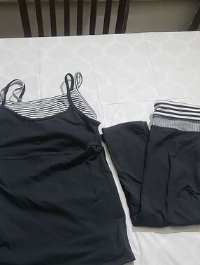 Black Strappy Tank and Matching Pants Set with Striped Trim